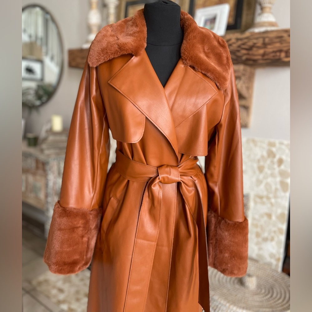 Forever 21 Faux Leather Trench Coat Fur Trim - Burnt Orange